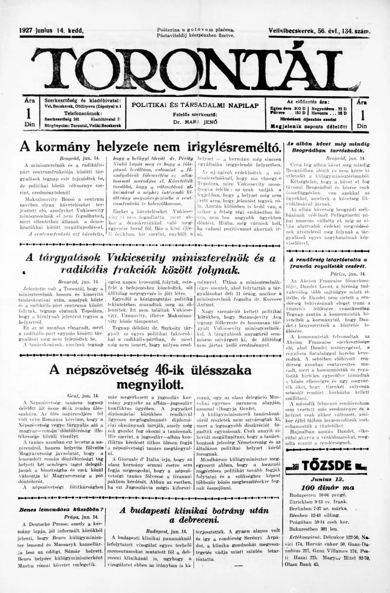 Torontál, 56. évf. 1927. június 14. 134. sz.