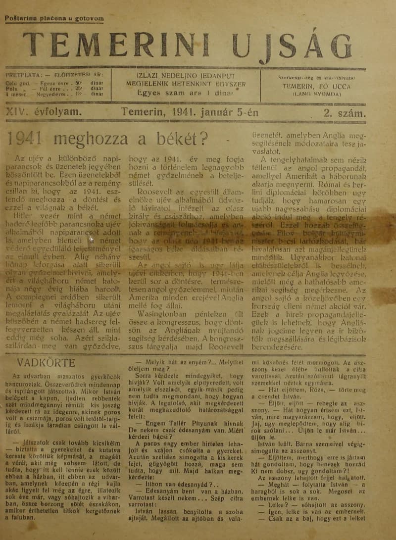 Temerini Újság 1928-1944, 14. évf. 1941. január 5. 2. sz.
