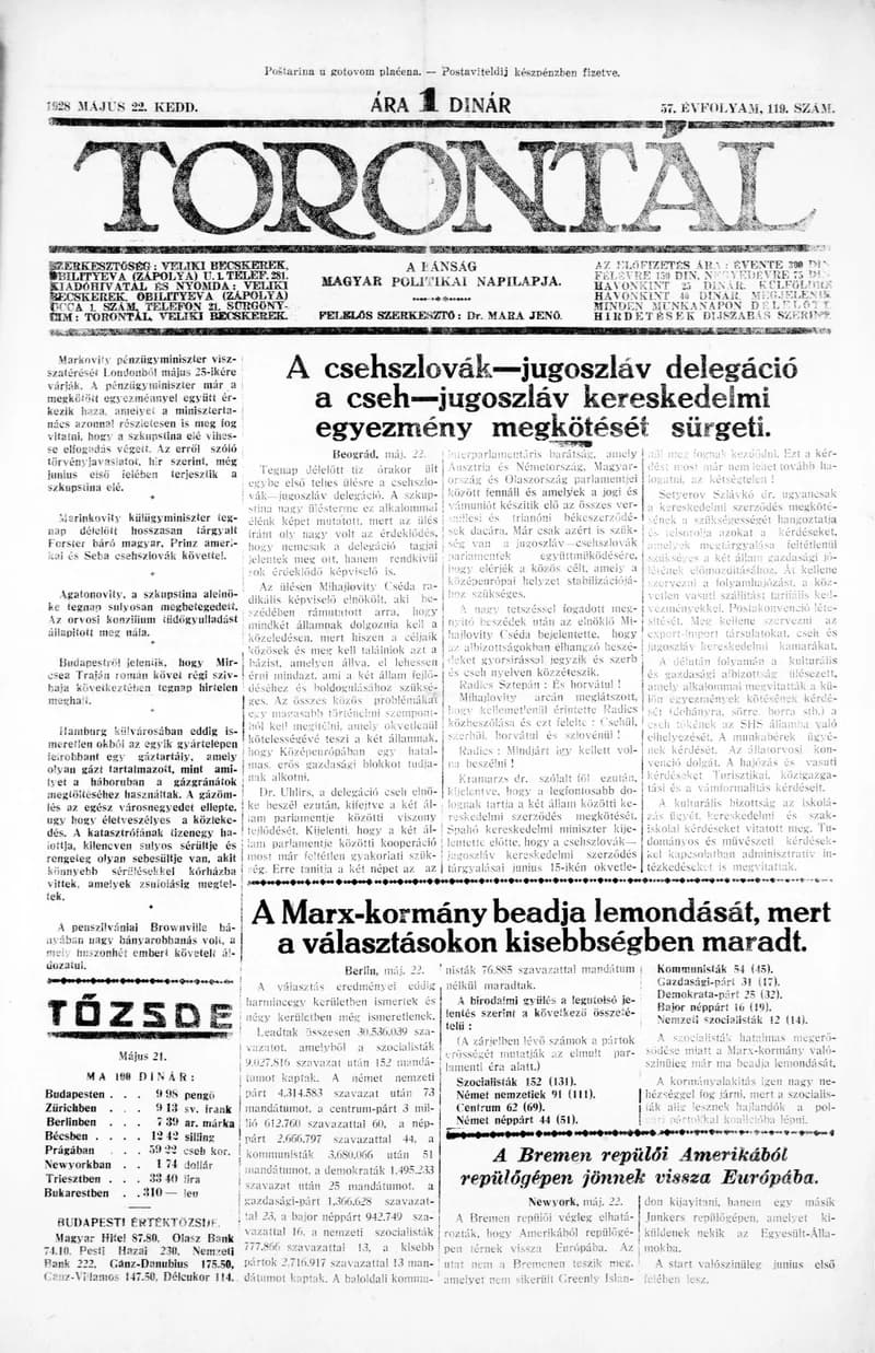 Torontál, 57. évf. 1928. május 22. 119. sz.