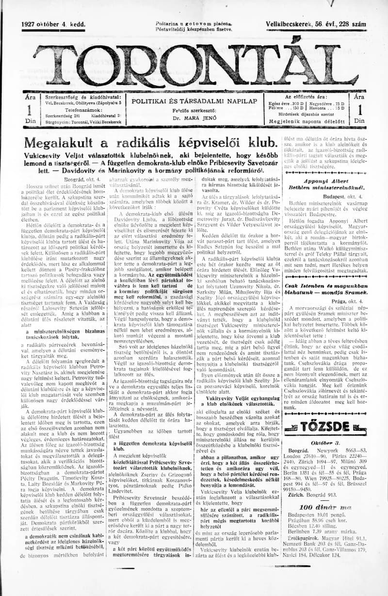 Torontál, 56. évf. 1927. október 4. 228. sz.