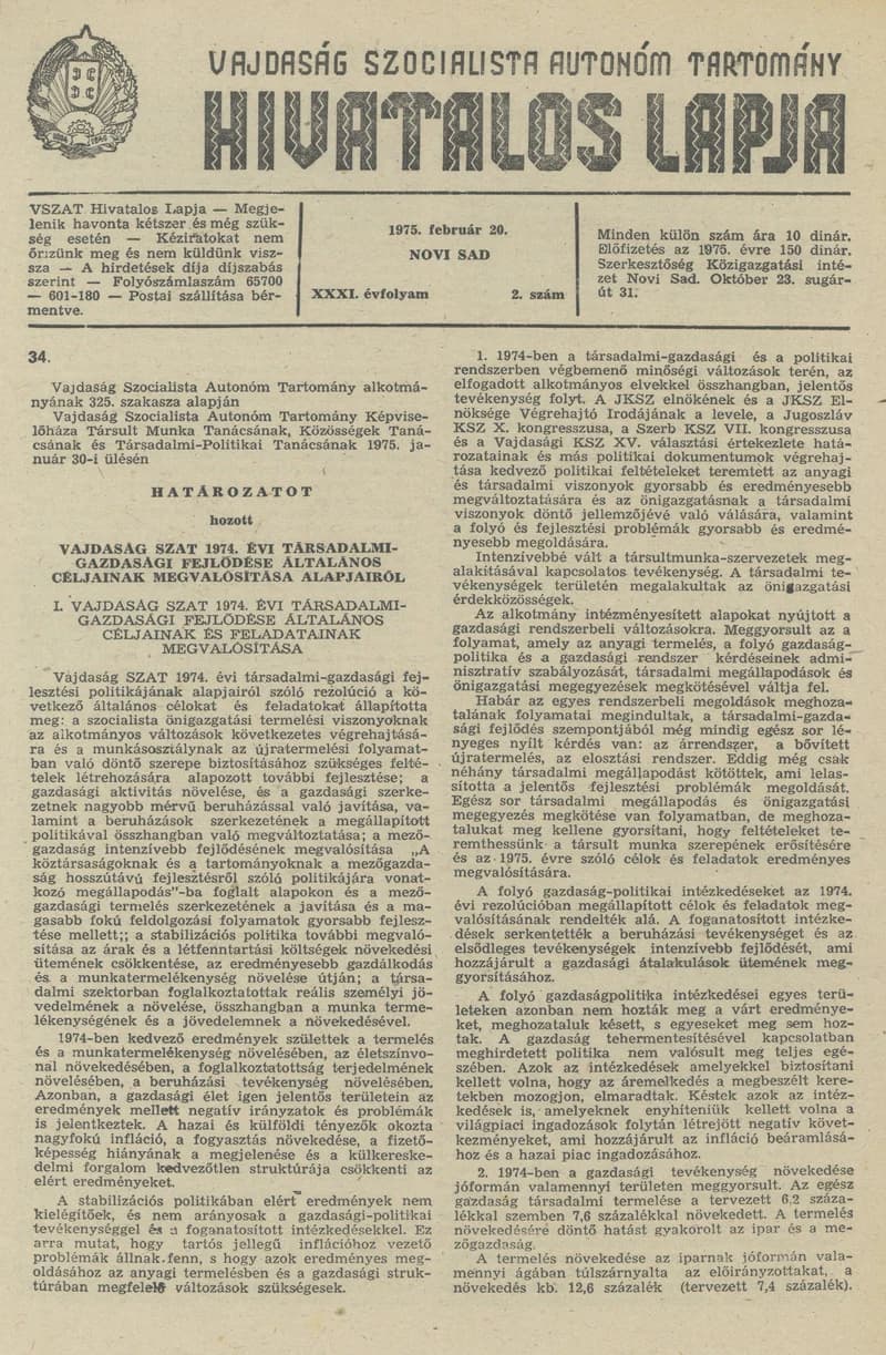 Vajdaság Szocialista Autonóm Tartomány Hivatalos Lapja, 31. évf. 1975. február 20. 2. sz. 57–80. oldal
