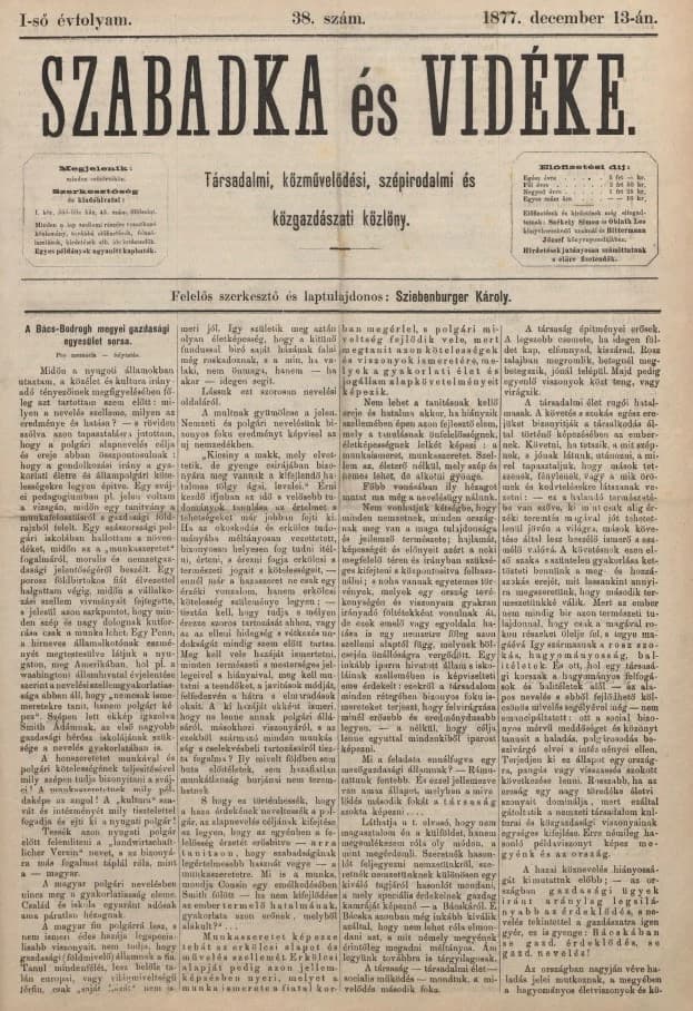 Szabadka és vidéke, 1. évf. 1877. december 13. 38. sz.