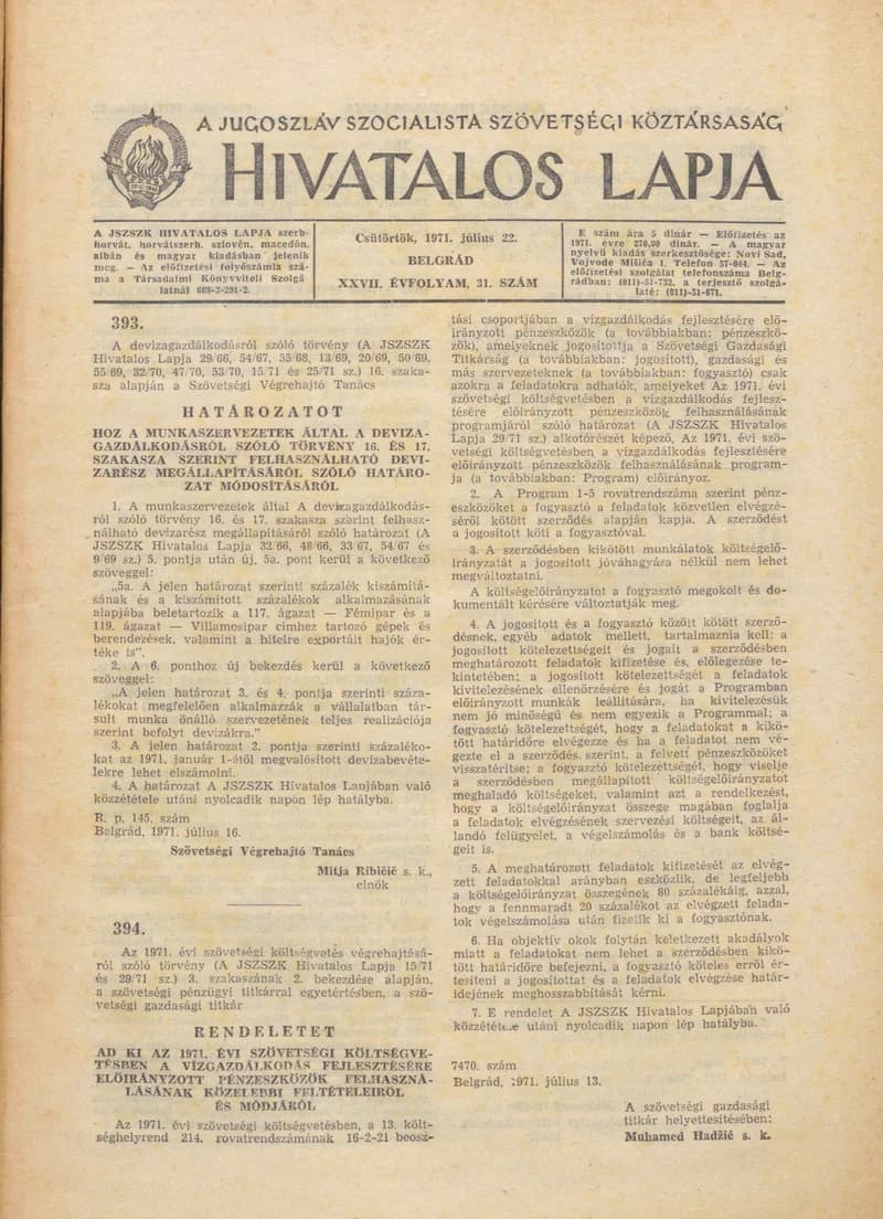 A Jugoszláv Szocialista Szövetségi Köztársaság Hivatalos Lapja, 27. évf. 1971. július 22. 31. sz. 601–608. oldal
