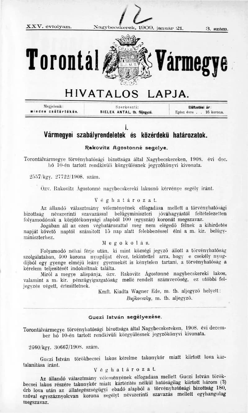 Torontál Vármegye Hivatalos Lapja, 25. évf. 1909. január 21. 3. sz.