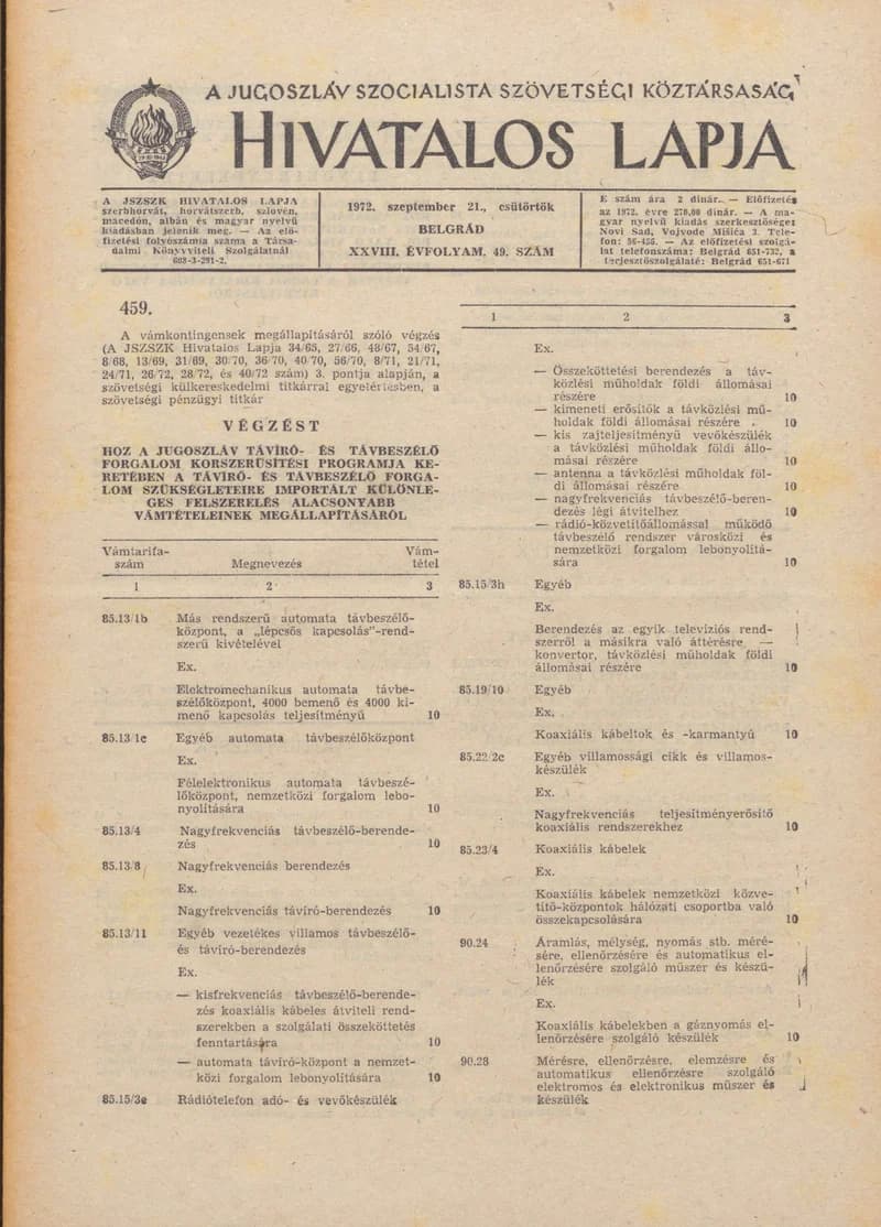 A Jugoszláv Szocialista Szövetségi Köztársaság Hivatalos Lapja, 28. évf. 1972. szeptember 21. 49. sz. 977–980. oldal