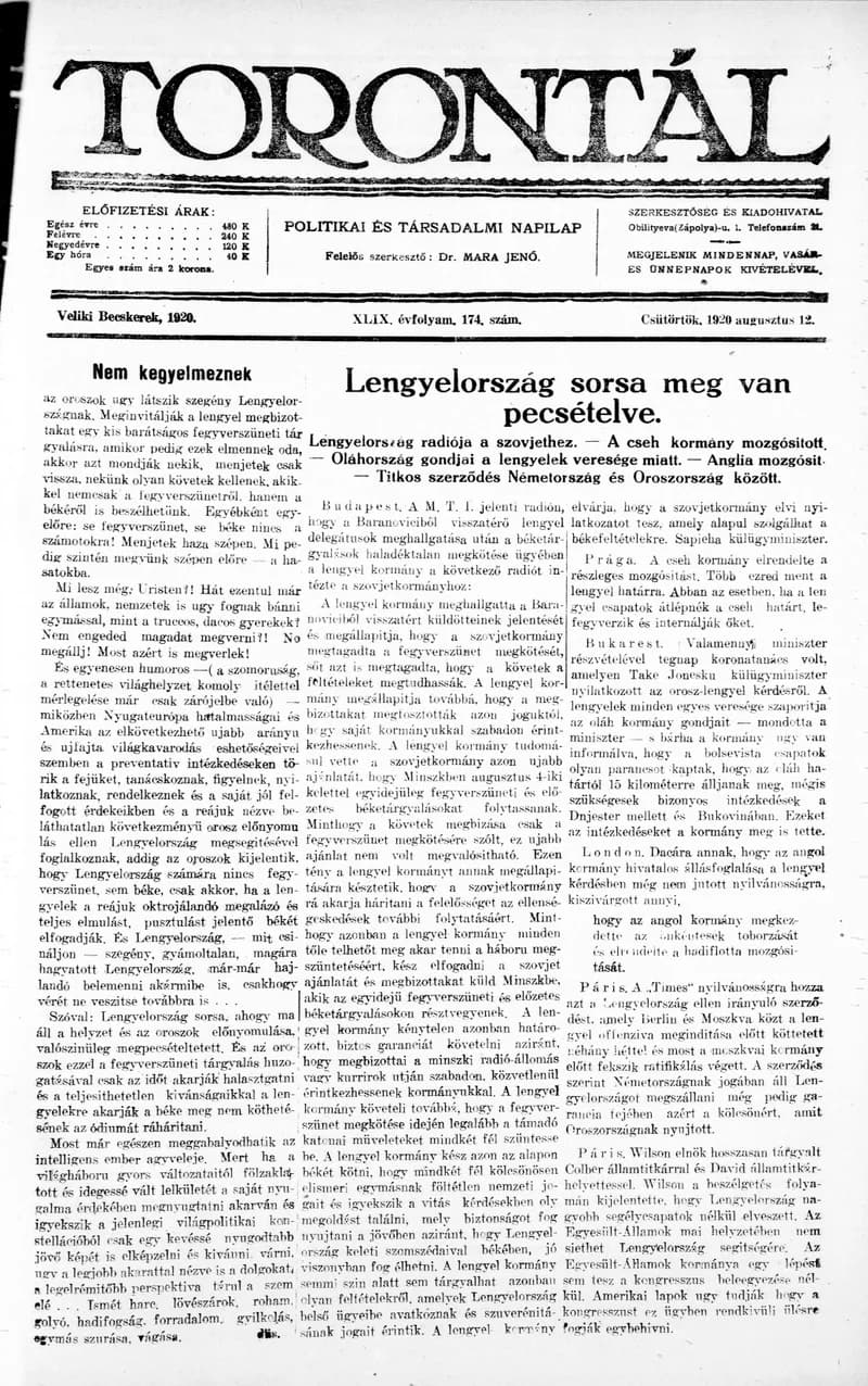 Torontál, 49. évf. 1920. augusztus 12. 174. sz.