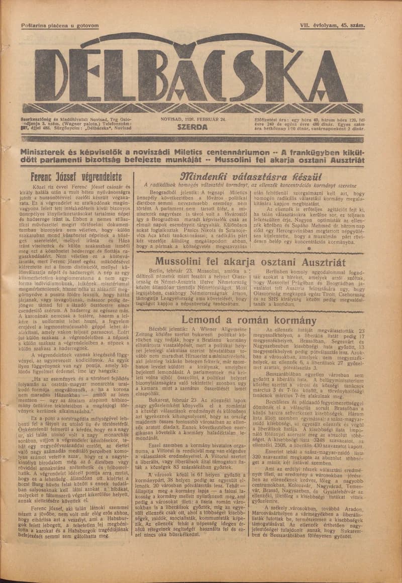 Délbácska, 7. évf. 1926. február 24. 45. sz.