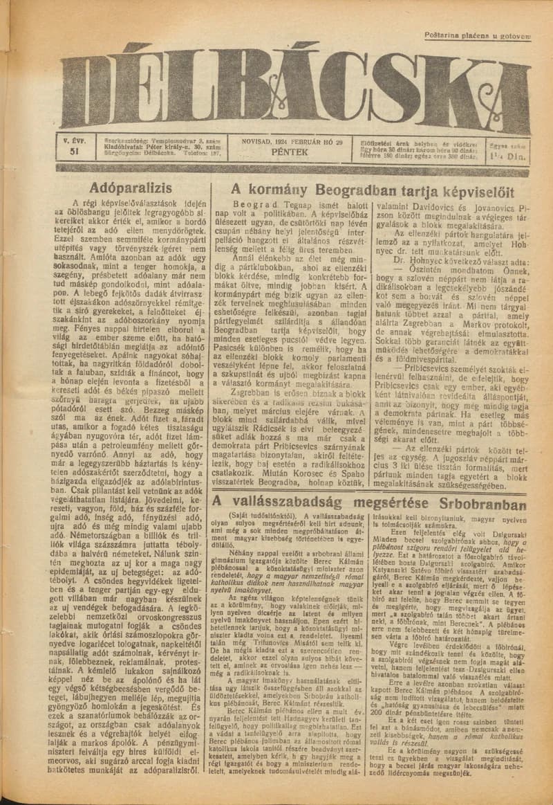Délbácska, 5. évf. 1924. február 29. 51. sz.