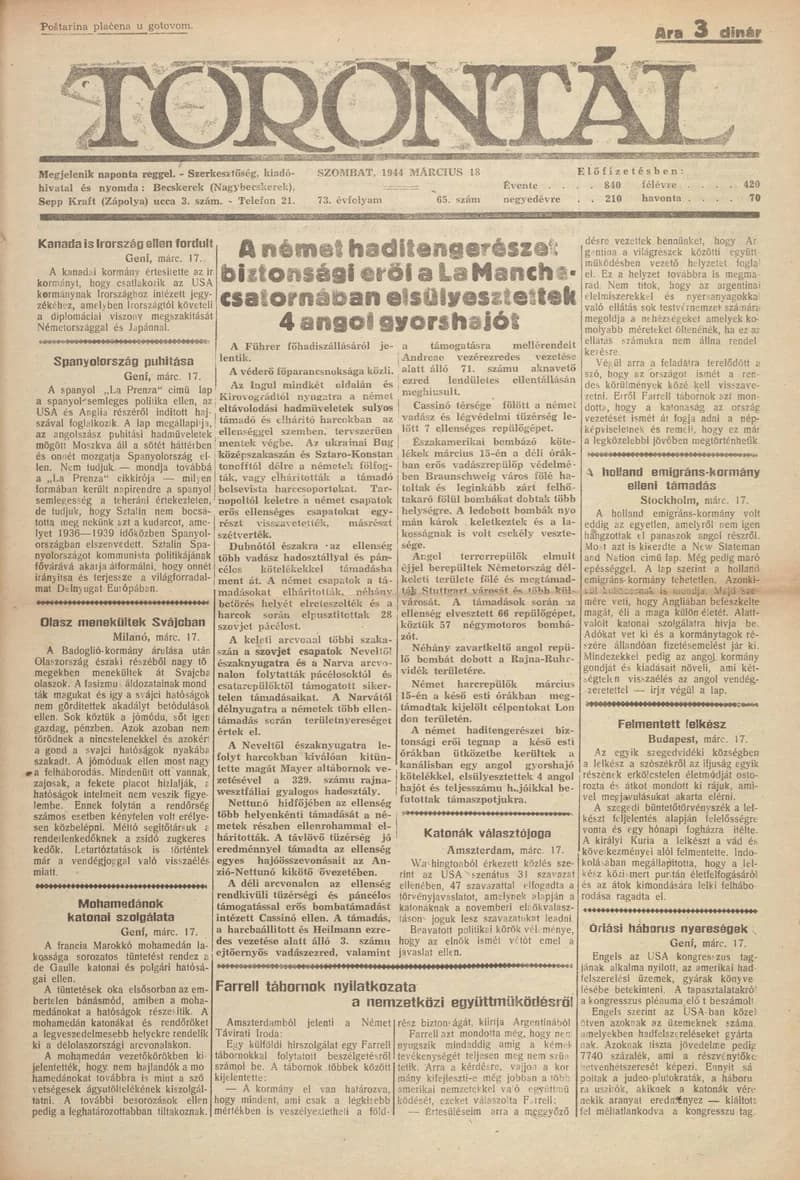 Torontál, 73. évf. 1944. március 18. 65. sz.
