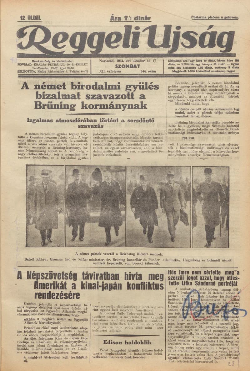 Reggeli Újság, 12. évf. 1931. október 17. 244. sz.
