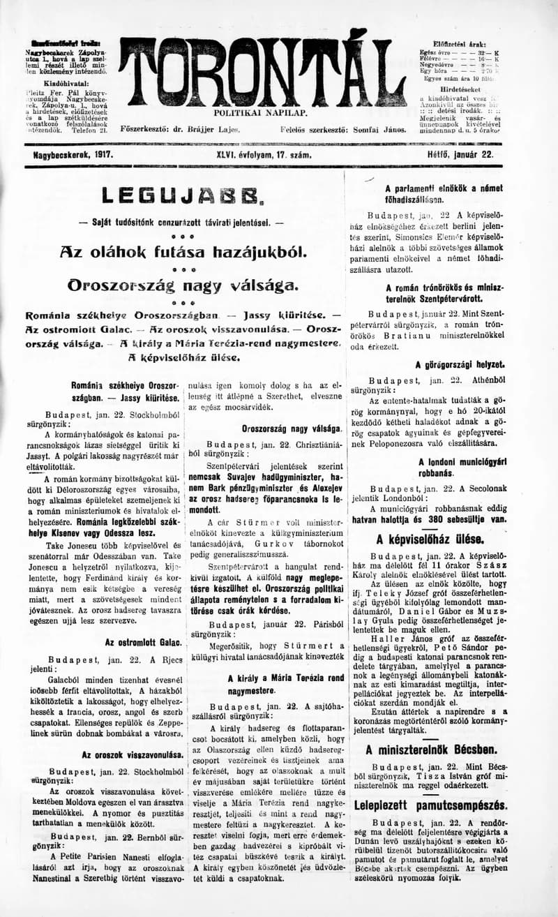 Torontál, 46. évf. 1917. január 22. 17. sz.