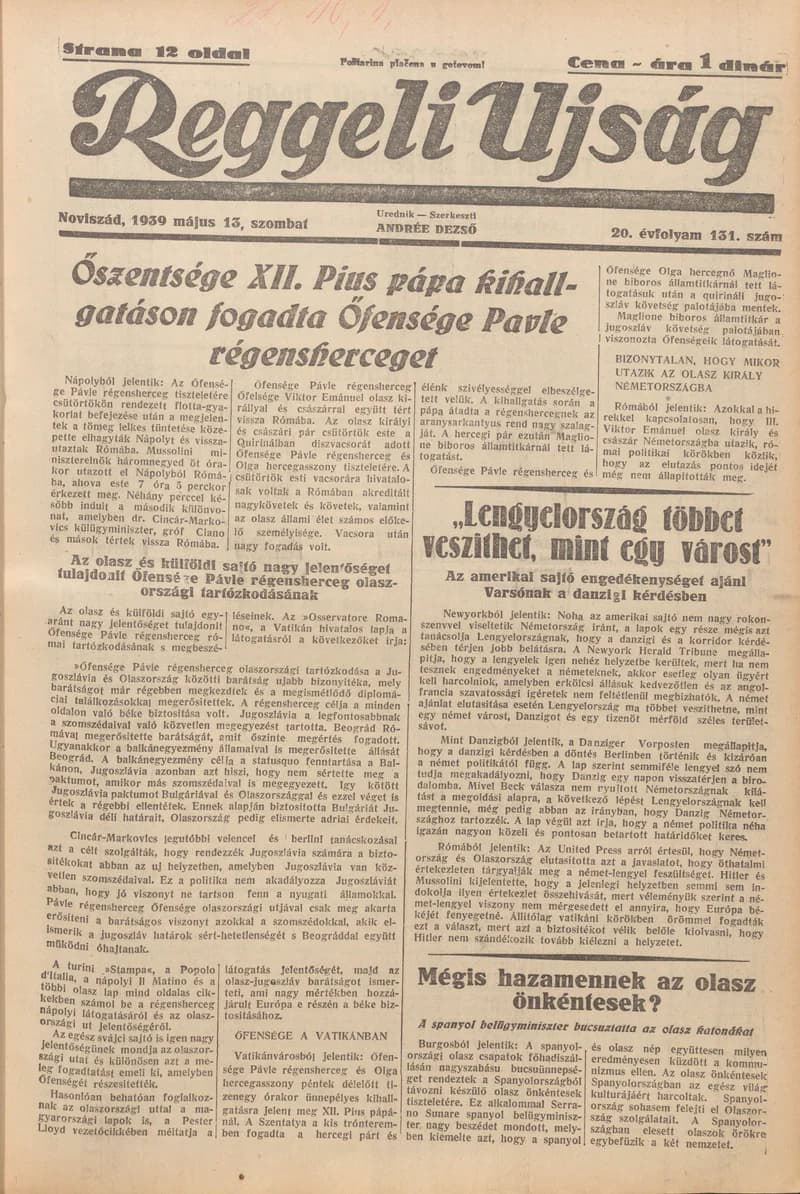 Reggeli Újság, 20. évf. 1939. május 13. 131. sz.