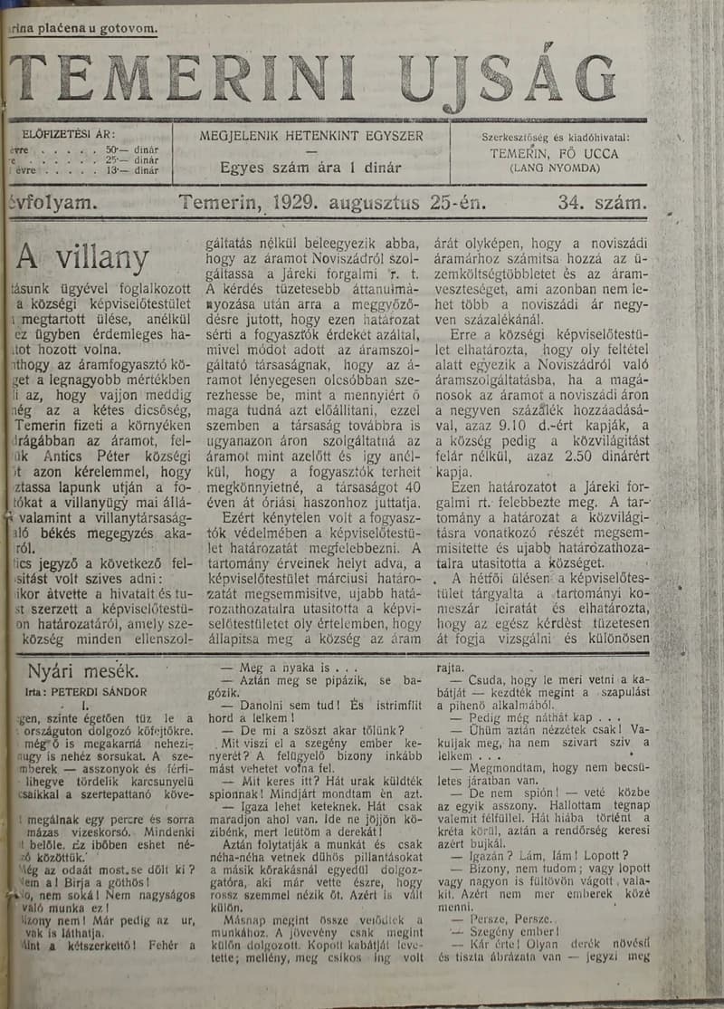 Temerini Újság 1928-1944, 2. évf. 1929. augusztus 25. 34. sz.