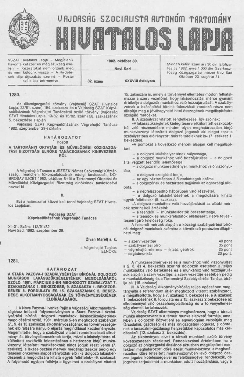 Vajdaság Szocialista Autonóm Tartomány Hivatalos Lapja, 38. évf. 1982. október 30. 32. sz.