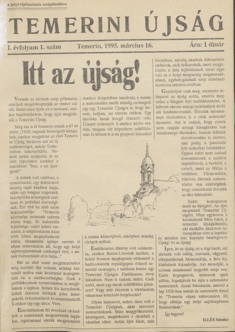 Temerini Újság, 1. évf. 1995. március 16. 1. sz.