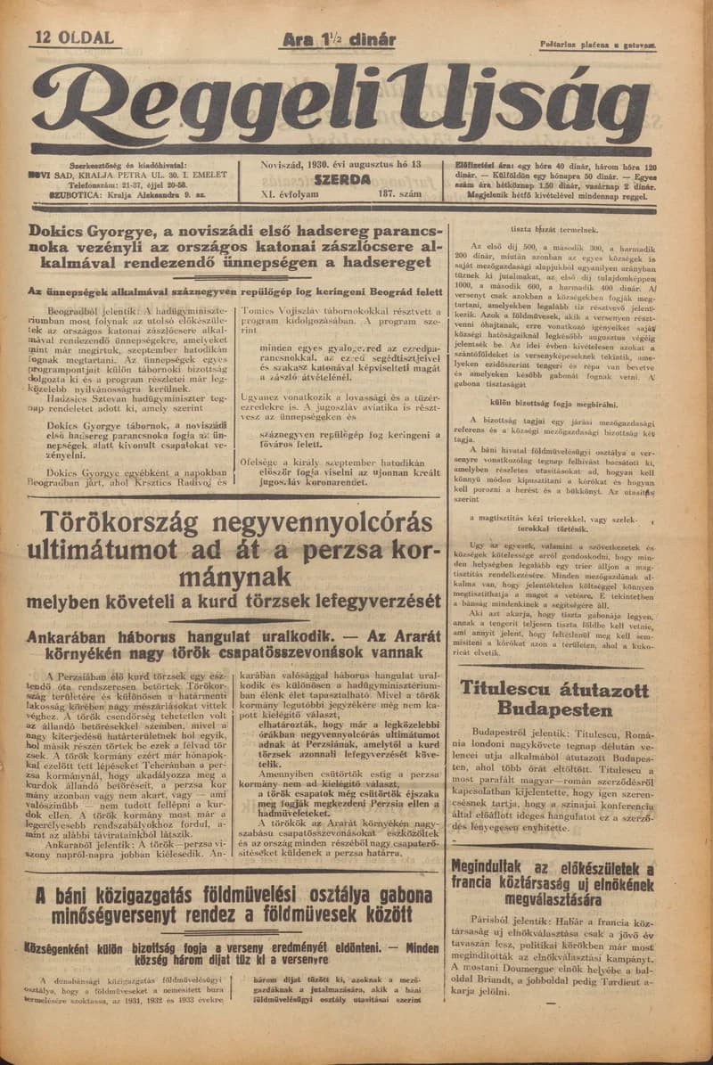Reggeli Újság, 11. évf. 1930. augusztus 13. 187. sz.