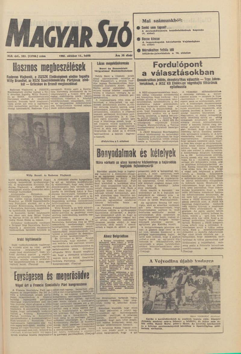 Magyar Szó, 42. évf. 1985. október 14. 283. sz. 1–20. oldal