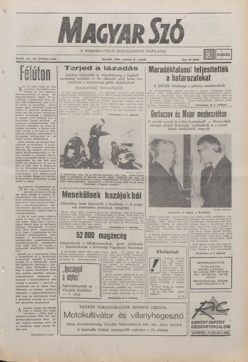 Magyar Szó, 48. évf. 1991. március 6. 63. sz. 1–20. oldal