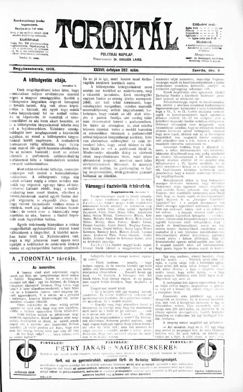 Torontál, 37. évf. 1908. december 9. 282. sz.