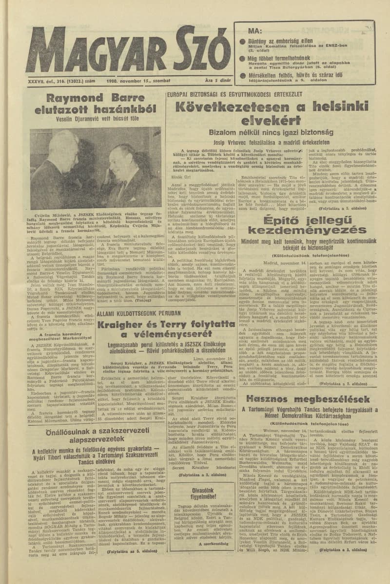 Magyar Szó, 37. évf. 1980. november 15. 316. sz. 1–20. oldal