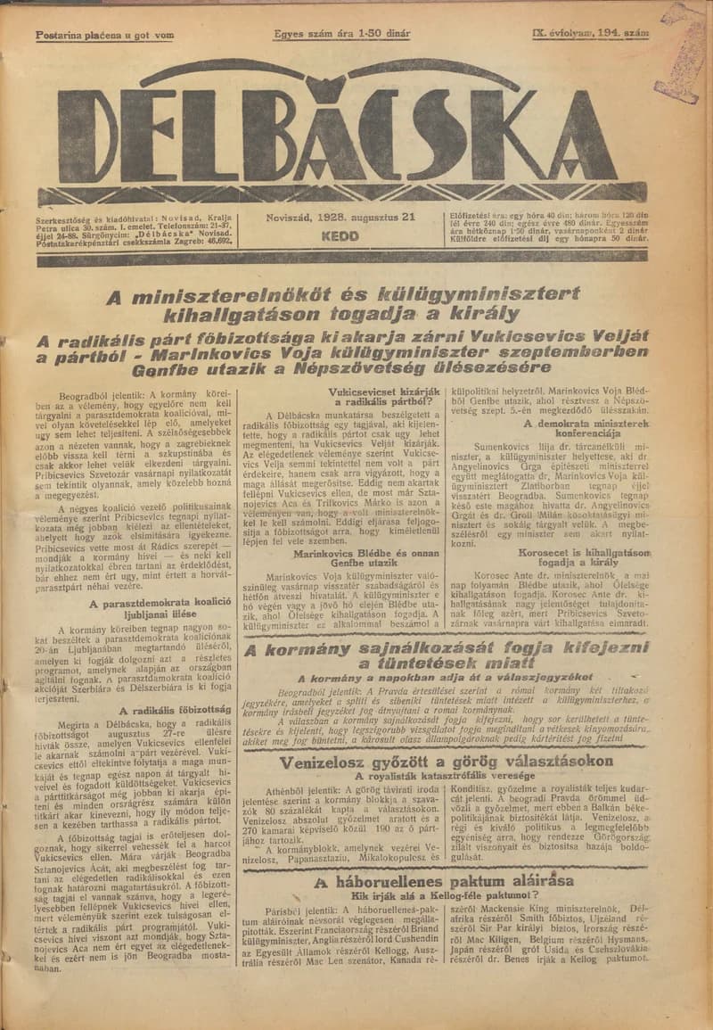 Délbácska, 9. évf. 1928. augusztus 21. 194. sz.