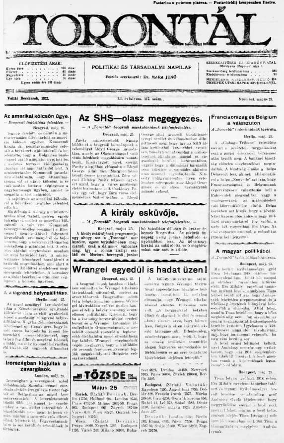 Torontál, 51. évf. 1922. május 27. 117. sz.