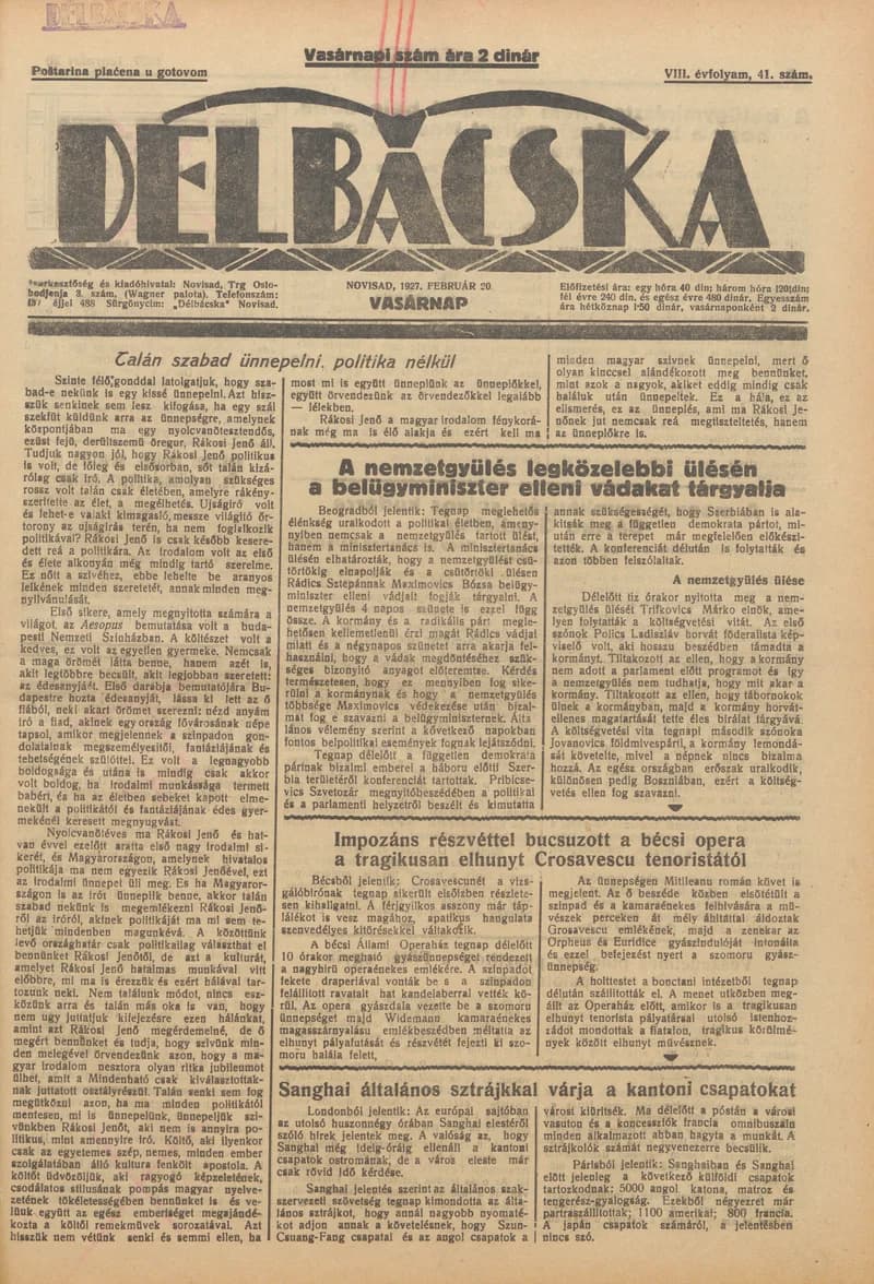Délbácska, 8. évf. 1927. február 20. 41. sz.