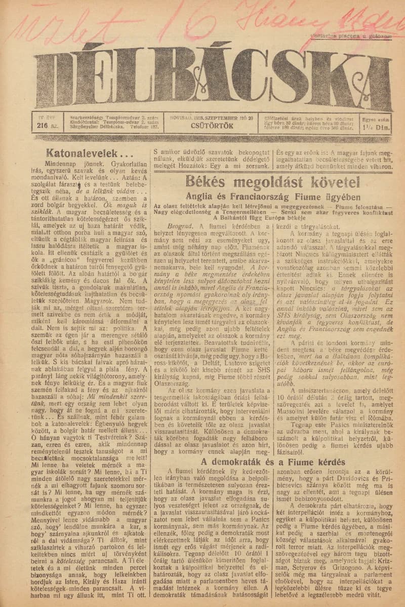 Délbácska, 4. évf. 1923. szeptember 20. 216. sz.