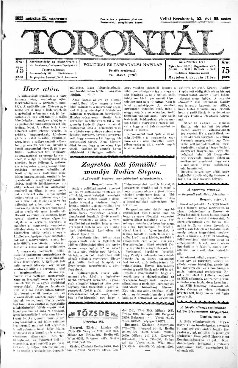 Torontál, 52. évf. 1923. március 25. 69. sz.