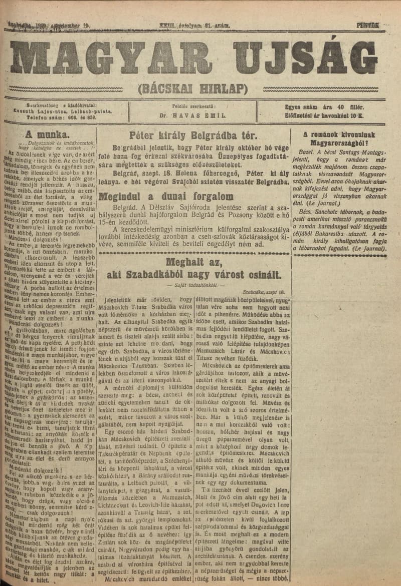 Bácskai Hirlap, 23. évf. 1919. szeptember 19. 81. sz.