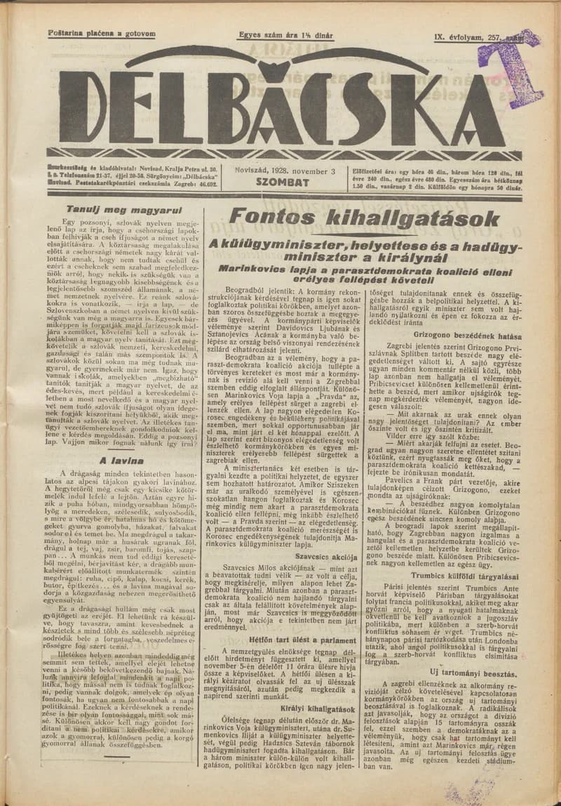 Délbácska, 9. évf. 1928. november 3. 257. sz.