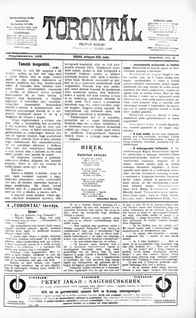 Torontál, 37. évf. 1908. október 31. 250. sz.