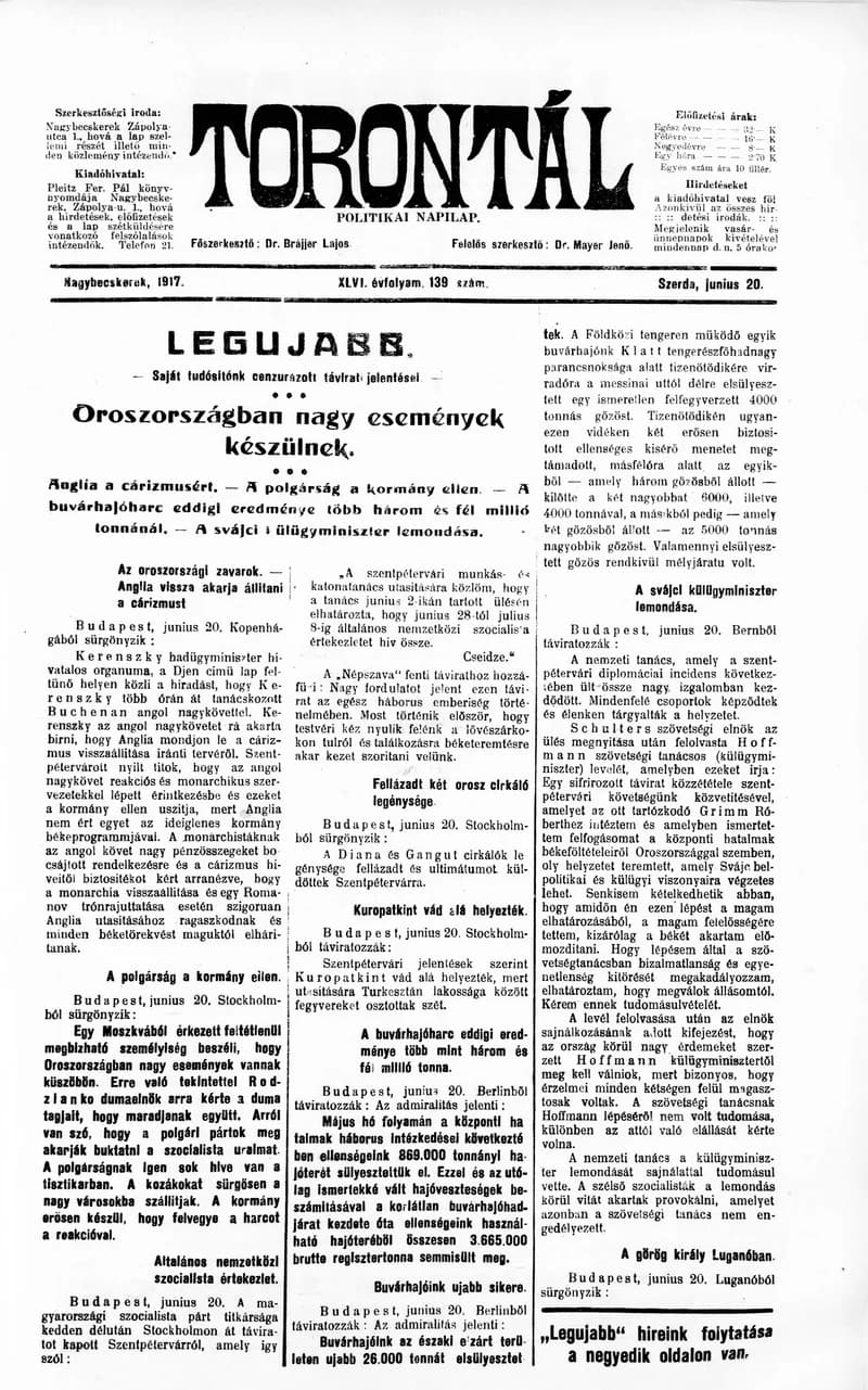 Torontál, 46. évf. 1917. június 20. 139. sz.