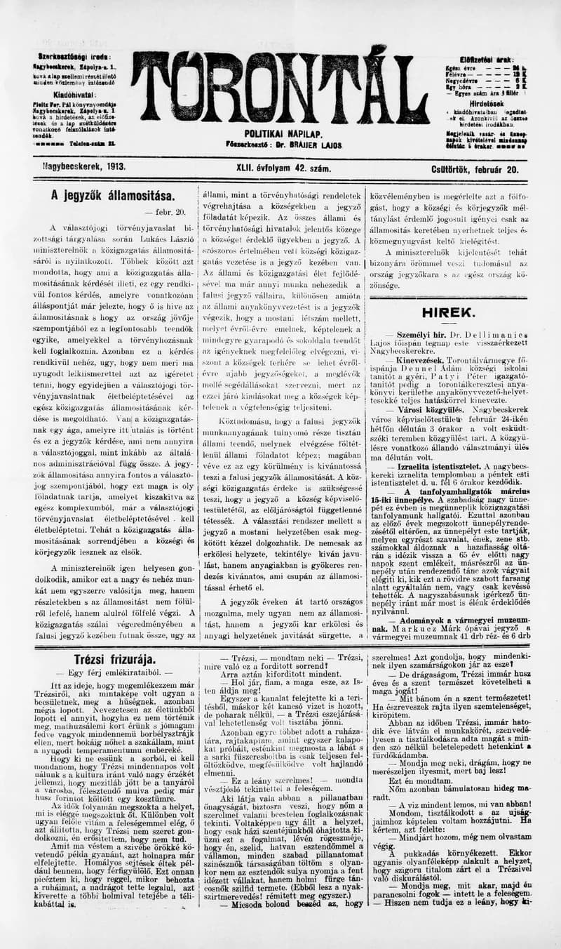 Torontál, 42. évf. 1913. február 20. 42. sz.