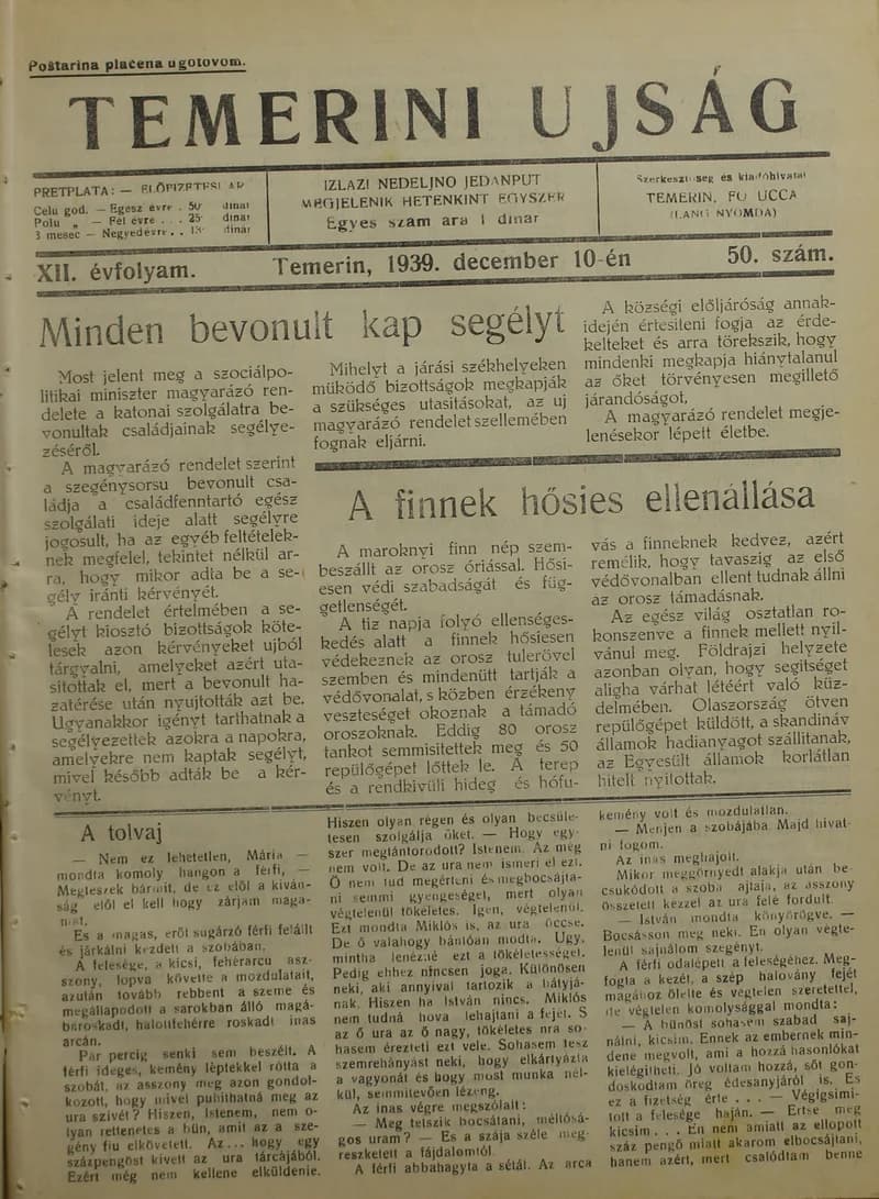 Temerini Újság 1928-1944, 12. évf. 1939. december 10. 50. sz.