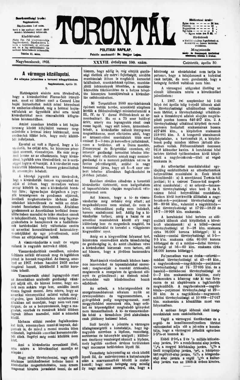 Torontál, 37. évf. 1908. április 30. 100. sz.