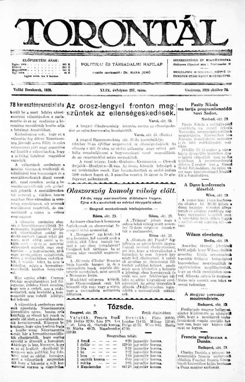 Torontál, 49. évf. 1920. október 24. 237. sz.