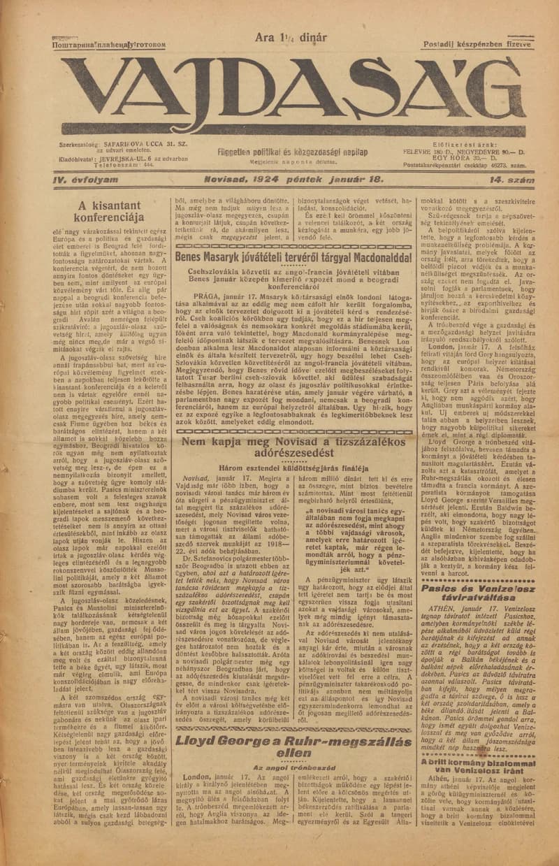 Vajdaság, 4. évf. 1924. január 18. 14. sz.
