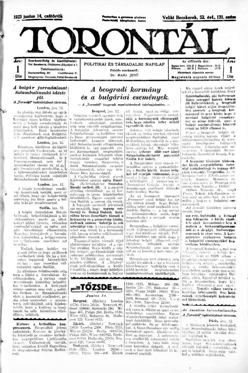 Torontál, 52. évf. 1923. június 14. 131. sz.