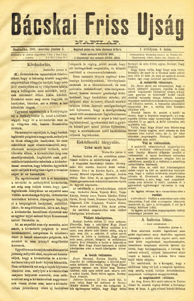 Bácskai Friss Ujság, 1. évf. 1901. június 5. 4. sz.