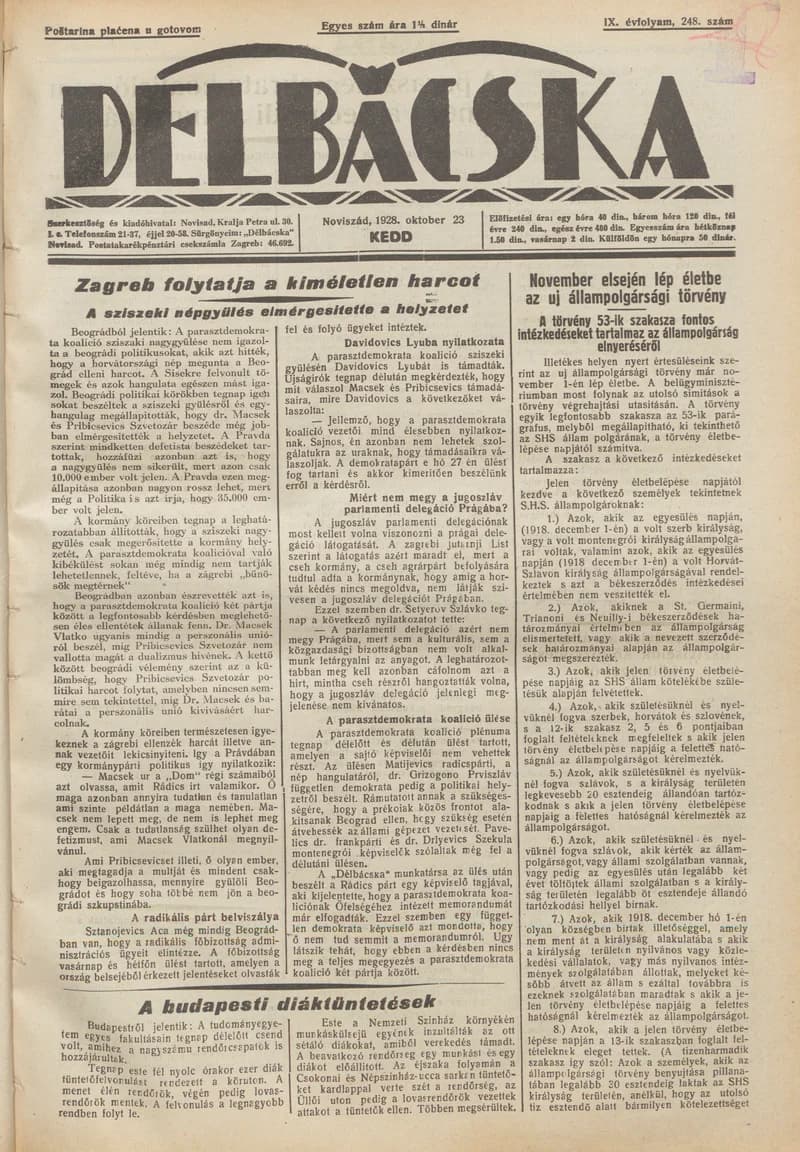 Délbácska, 9. évf. 1928. október 23. 248. sz.