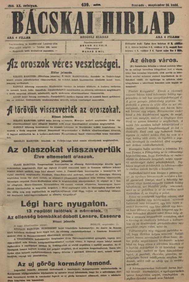 Bácskai Hirlap, 20. évf. 1916. szeptember 26. 439. sz.