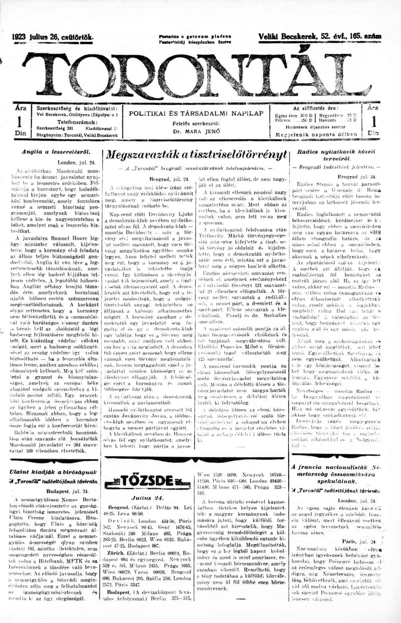 Torontál, 52. évf. 1923. július 26. 165. sz.