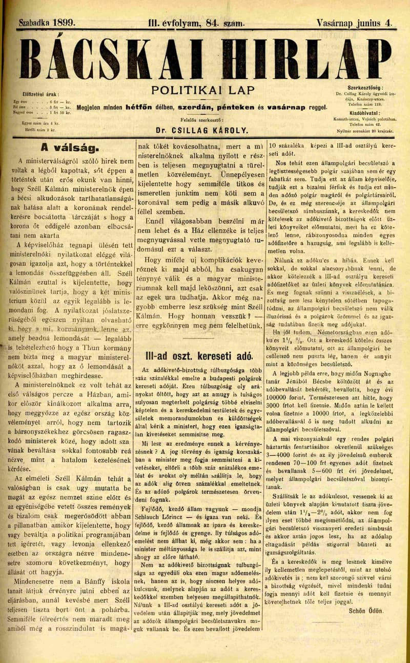 Bácskai Hirlap, 3. évf. 1899. június 4. 84. sz.