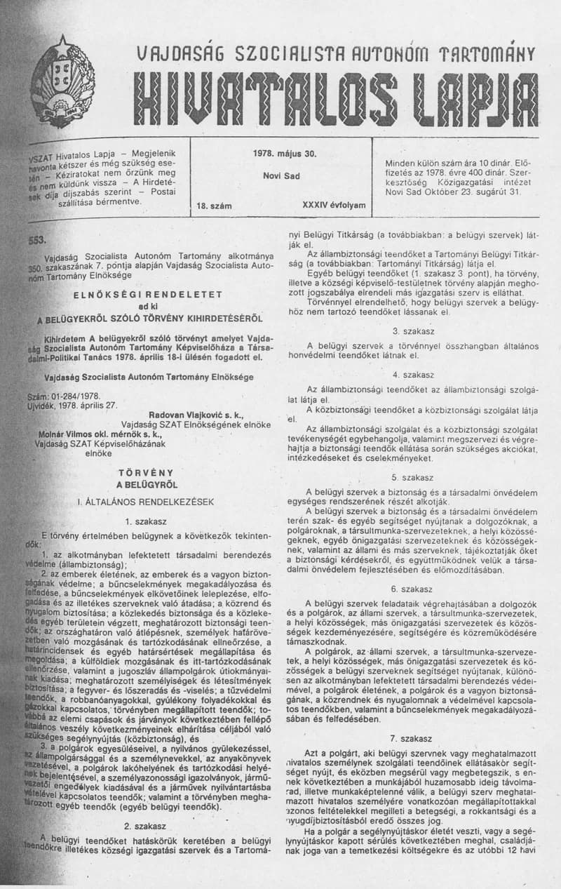Vajdaság Szocialista Autonóm Tartomány Hivatalos Lapja, 34. évf. 1978. május 30. 18. sz. 749–780. oldal