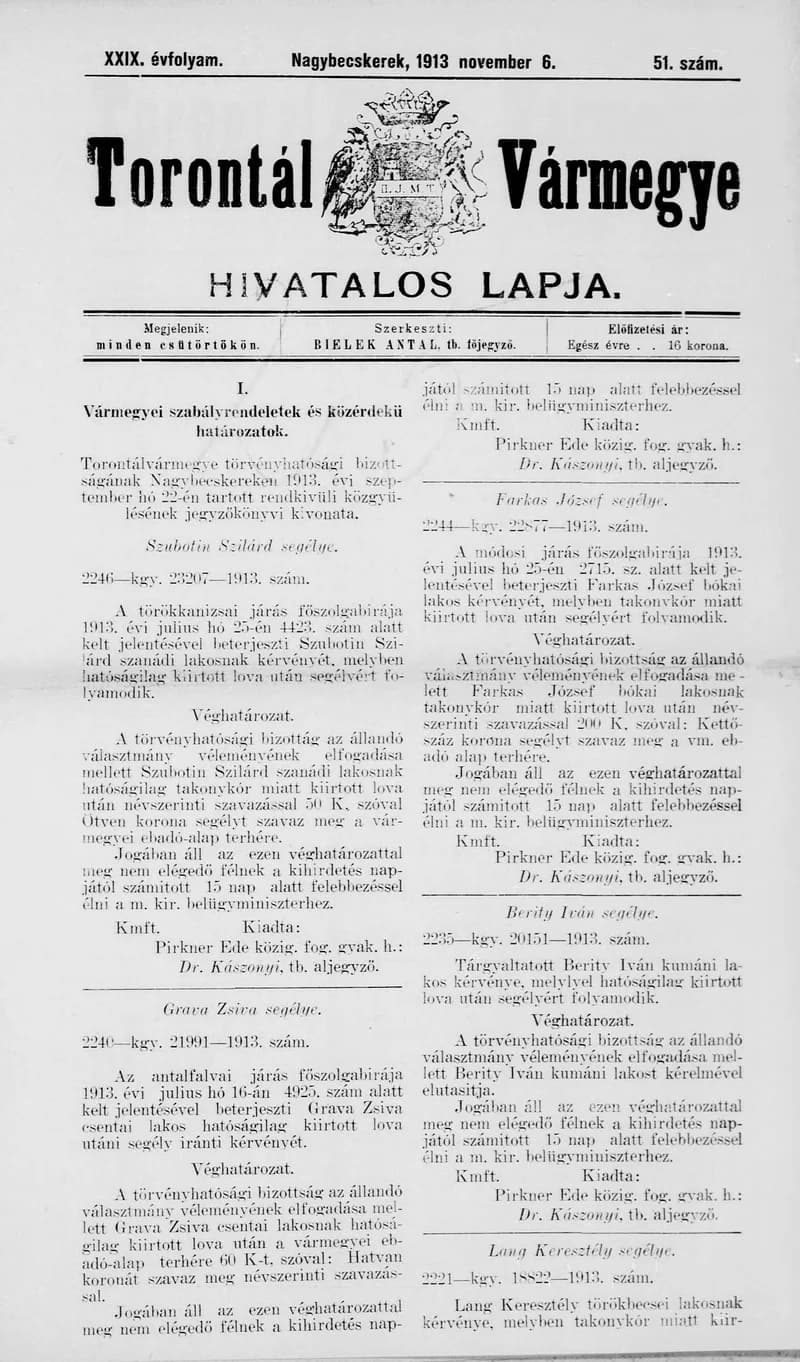 Torontál Vármegye Hivatalos Lapja, 29. évf. 1913. november 6. 51. sz.
