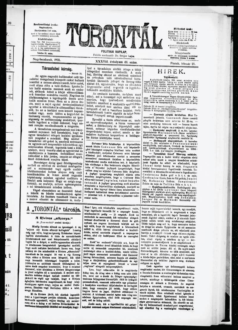 Torontál, 37. évf. 1908. február 21. 43. sz.