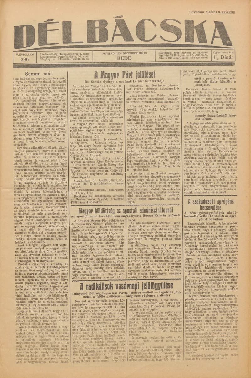 Délbácska, 5. évf. 1924. december 23. 296. sz.