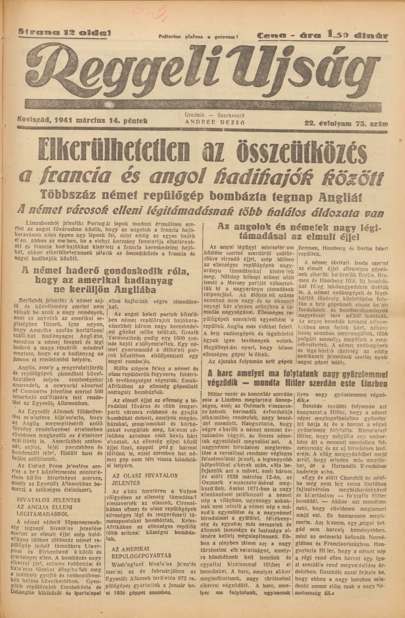 Reggeli Újság, 22. évf. 1941. március 14. 73. sz.