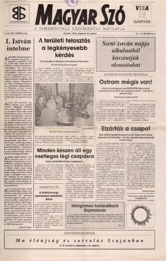 Magyar Szó, 50. évf. 1993. augusztus 20. 225. sz. 1–16. oldal